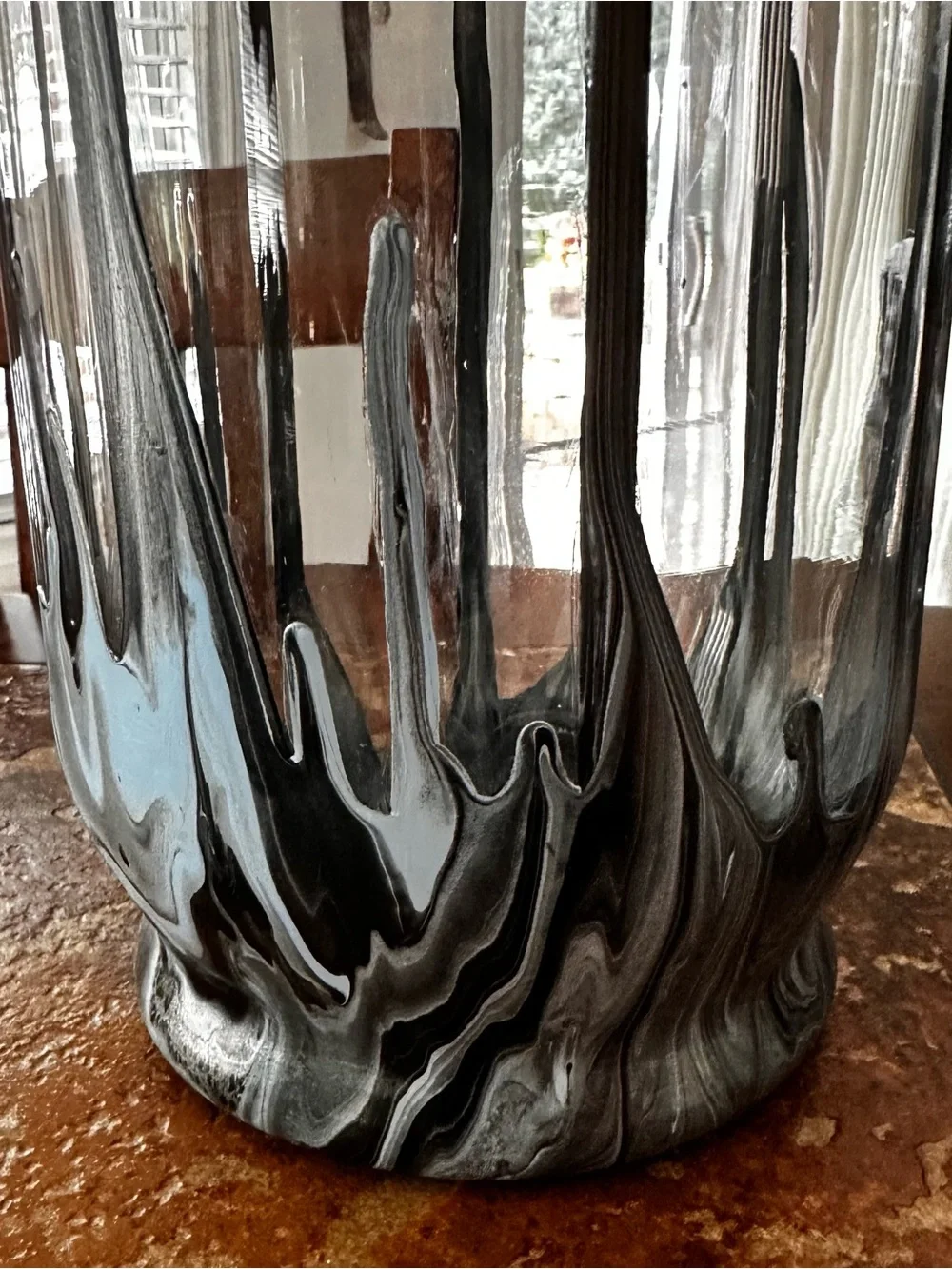 Hand crafted abstract Art Glass Vase with Black Drip Design